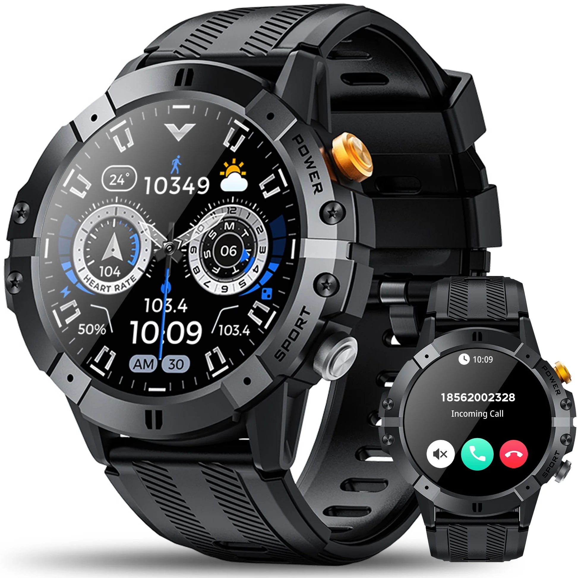 Smart Watch for Men - Bluetooth Call, 1.52" Outdoor Smartwatch Compatible with iPhone/Android - Black