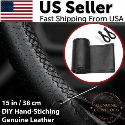 Genuine Leather DIY Car Steering Wheel Cover Anti-Slip for 15"/38 Cm Black US