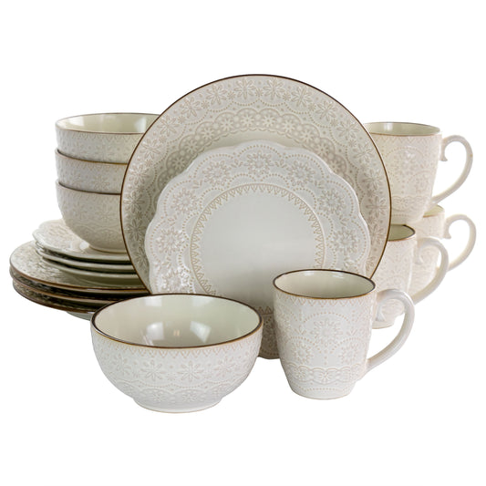 16 Piece Embossed Scalloped Stoneware Dinnerware Set in Ivory