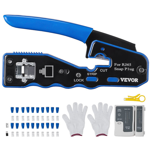 RJ45 Crimp Tool Kit, Cat5e/Cat6/Cat6a Pass Through Ethernet Crimper for 8P8C Modular Plugs with 20pcs Connectors and 20pcs Covers, Wire Stripper and Network Tester