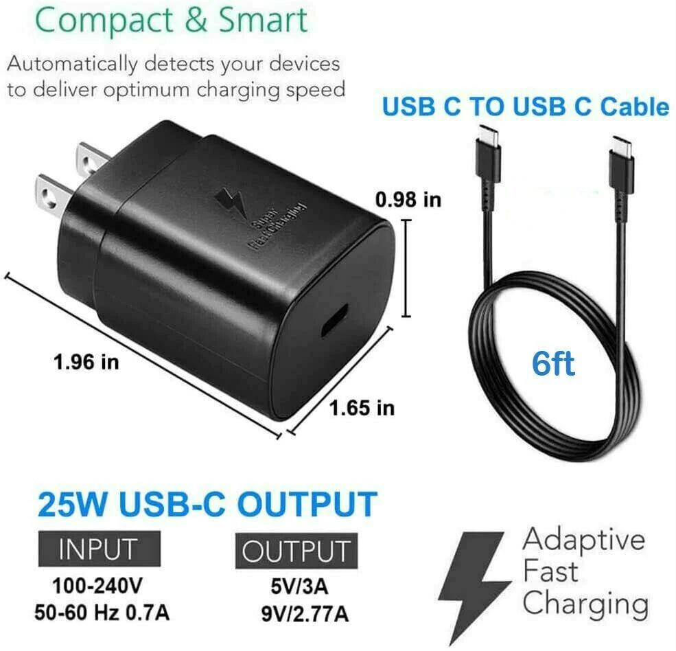 25W Type USB-C Super Fast Wall Charger +6FT Cable.