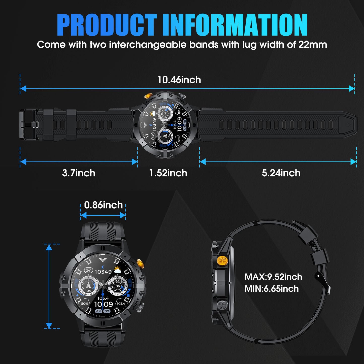 Smart Watch for Men - Bluetooth Call, 1.52" Outdoor Smartwatch Compatible with iPhone/Android - Black