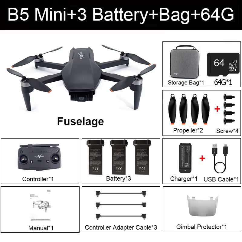 Professional B5 Mini Drone with 4K Camera GPS 3-Axis Gimbal RC Quadcopter FPV 3KM 26Mins Flight Camera Drone Helicopter 240G