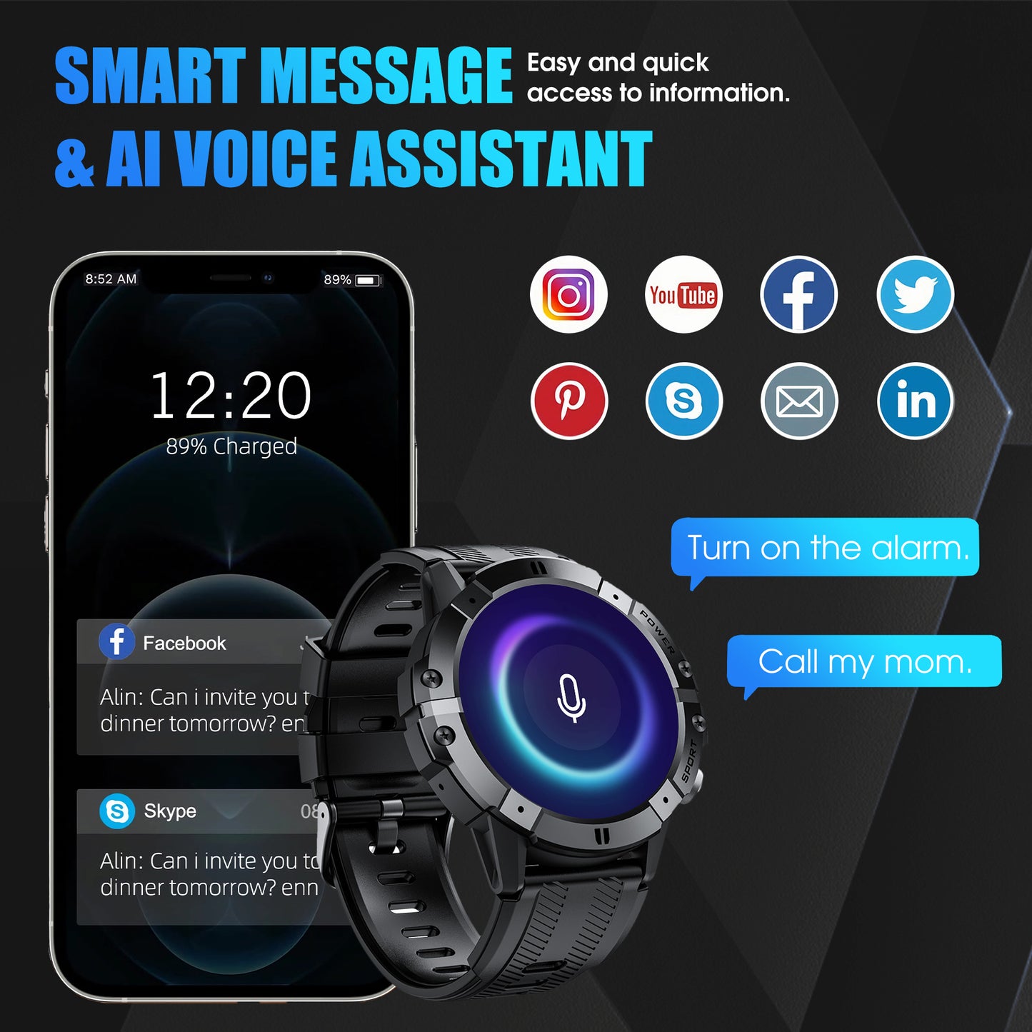 Smart Watch for Men - Bluetooth Call, 1.52" Outdoor Smartwatch Compatible with iPhone/Android - Black