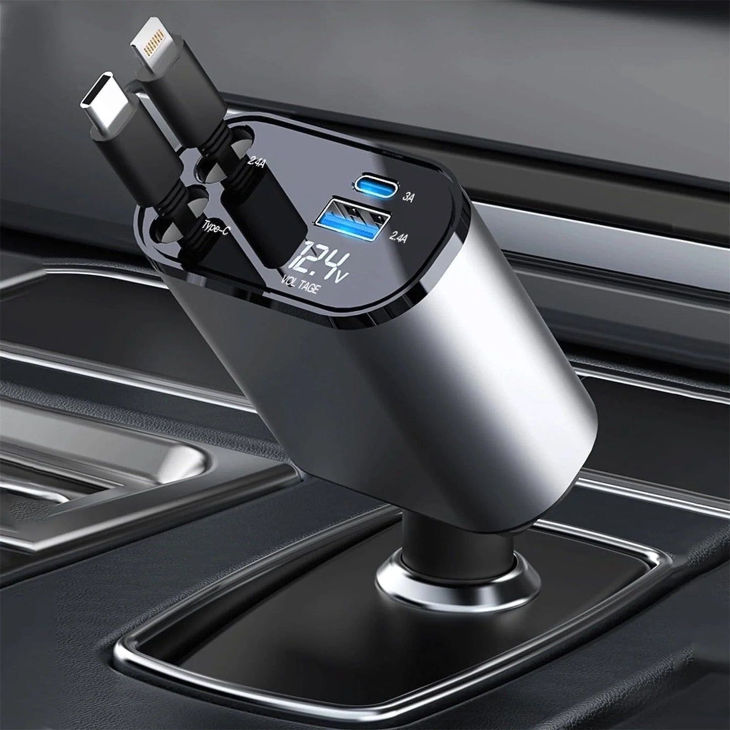 ISDE5 4 in 1 Retractable Car Charger, 100W Fast Car Phone Charger with Iphone and Type C Cable and 2 Charging Ports Car Charger Adapter