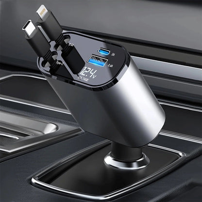 ISDE5 4 in 1 Retractable Car Charger, 100W Fast Car Phone Charger with Iphone and Type C Cable and 2 Charging Ports Car Charger Adapter