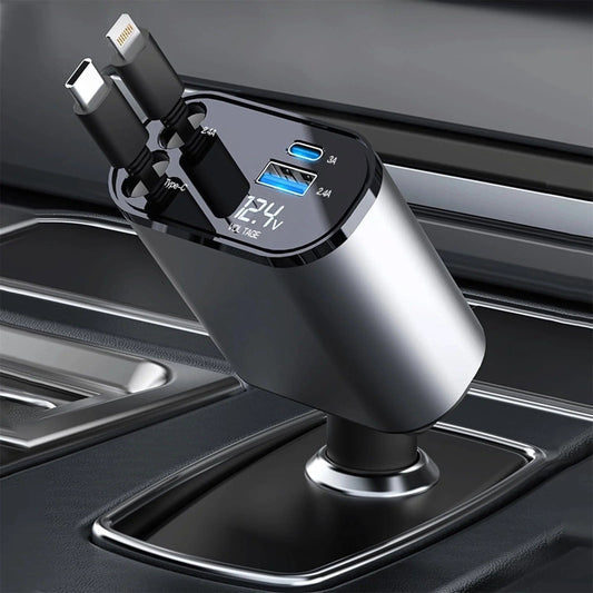 ISDE5 4 in 1 Retractable Car Charger, 100W Fast Car Phone Charger with Iphone and Type C Cable and 2 Charging Ports Car Charger Adapter