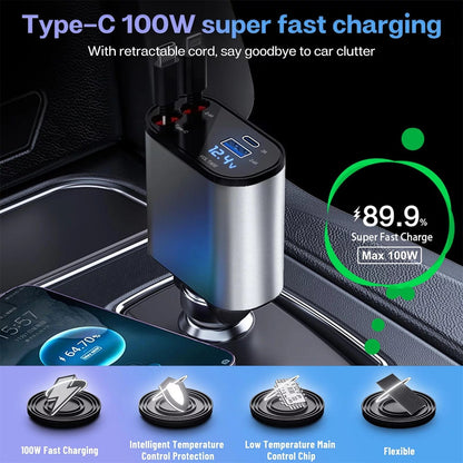 ISDE5 4 in 1 Retractable Car Charger, 100W Fast Car Phone Charger with Iphone and Type C Cable and 2 Charging Ports Car Charger Adapter