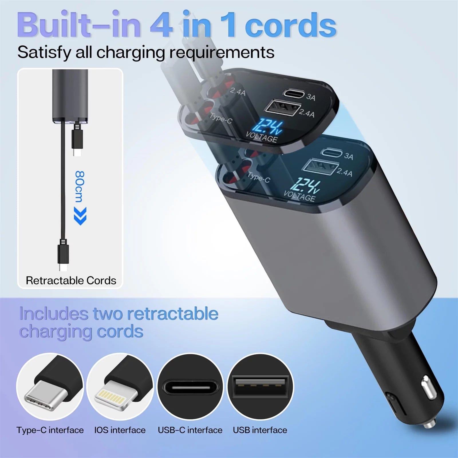 ISDE5 4 in 1 Retractable Car Charger, 100W Fast Car Phone Charger with Iphone and Type C Cable and 2 Charging Ports Car Charger Adapter