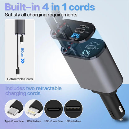 ISDE5 4 in 1 Retractable Car Charger, 100W Fast Car Phone Charger with Iphone and Type C Cable and 2 Charging Ports Car Charger Adapter