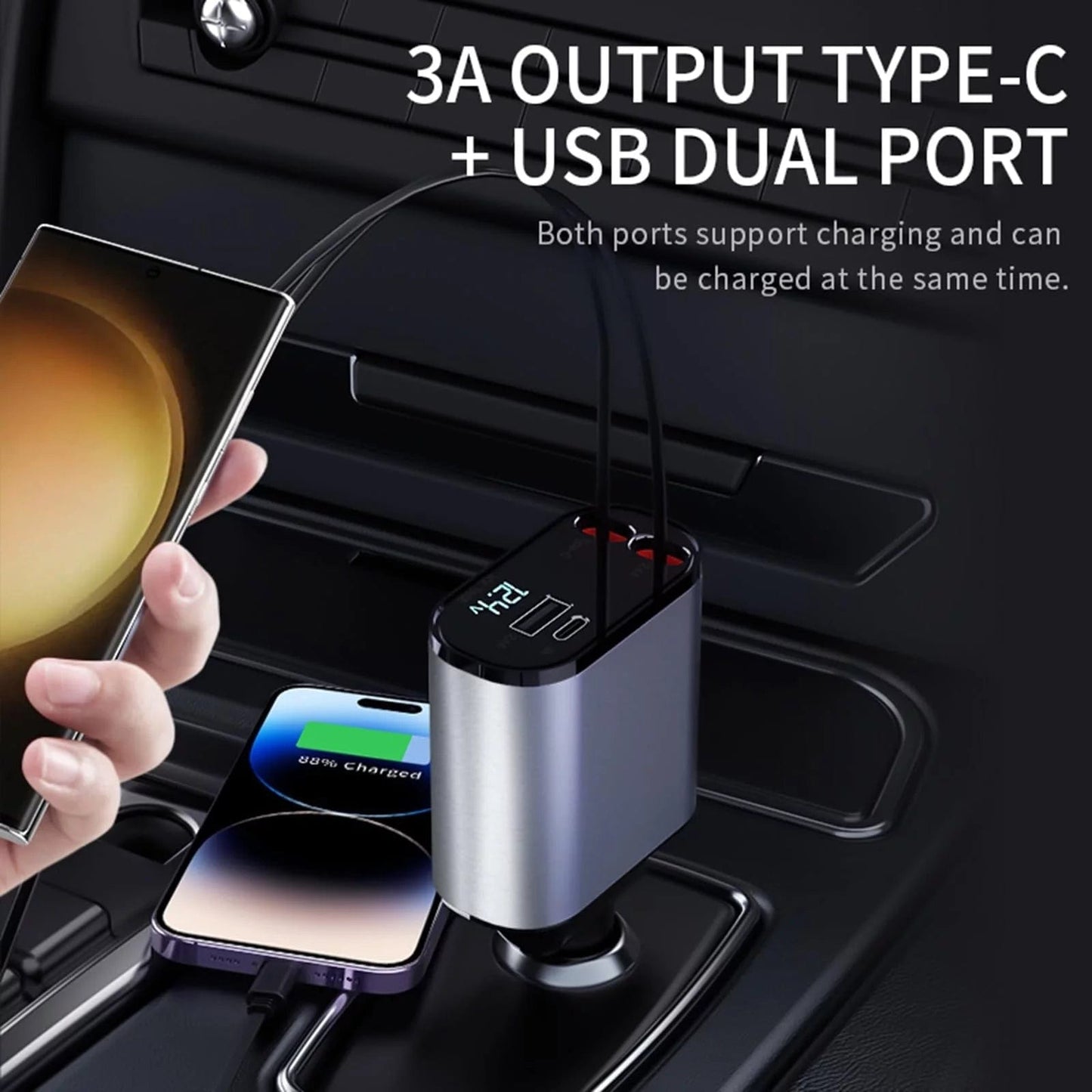 ISDE5 4 in 1 Retractable Car Charger, 100W Fast Car Phone Charger with Iphone and Type C Cable and 2 Charging Ports Car Charger Adapter