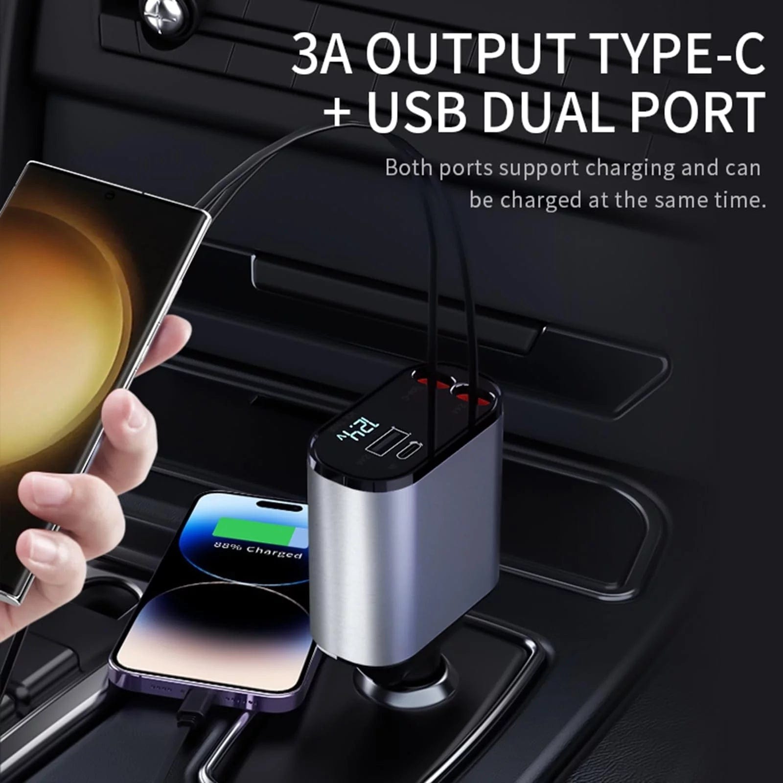 ISDE5 4 in 1 Retractable Car Charger, 100W Fast Car Phone Charger with Iphone and Type C Cable and 2 Charging Ports Car Charger Adapter