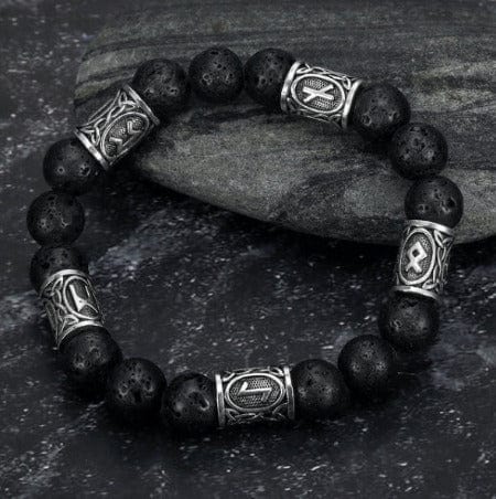 ISDE5 bracelet 10Runes Crafted Silver Rune And Black Lava Stone Bracelet