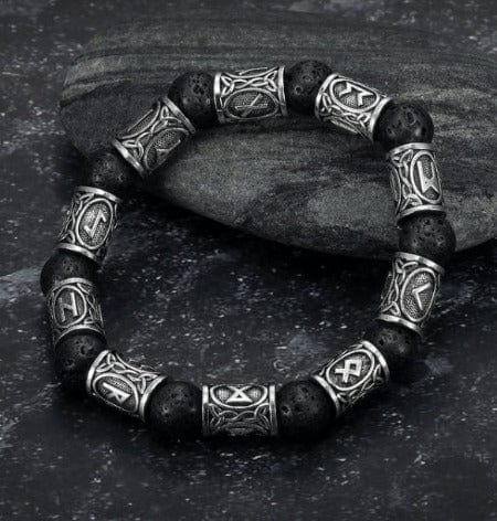 ISDE5 bracelet 10Runes Crafted Silver Rune And Black Lava Stone Bracelet