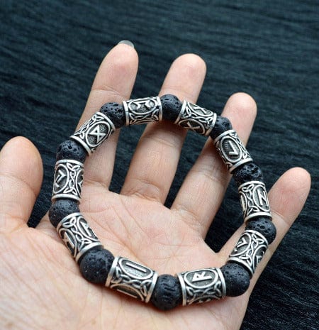 ISDE5 bracelet 10Runes Crafted Silver Rune And Black Lava Stone Bracelet