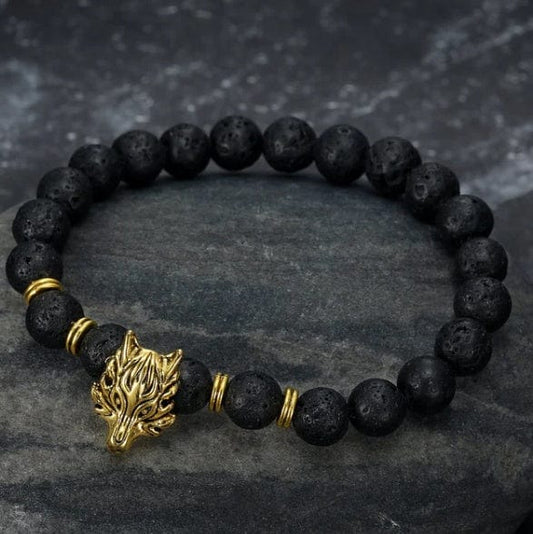 ISDE5 Bracelet Gold Asgard Crafted Grey Wolf Head And Lava Stone Bracelet