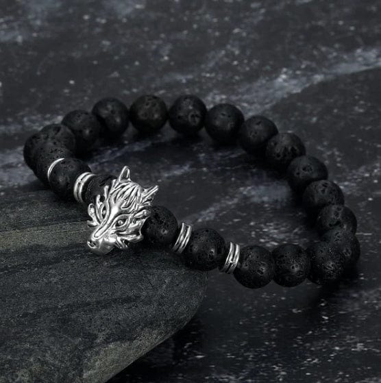 ISDE5 Bracelet Silver Asgard Crafted Grey Wolf Head And Lava Stone Bracelet