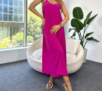 ISDE5 women clothes Rose Red / L Women's Fashion Solid Color Sling Long Large Hem Dress