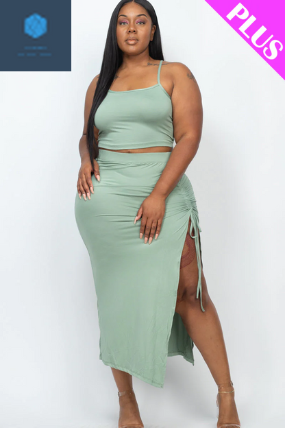 Plus Size Cami Crop Top & Ruched Midi Skirt Set 