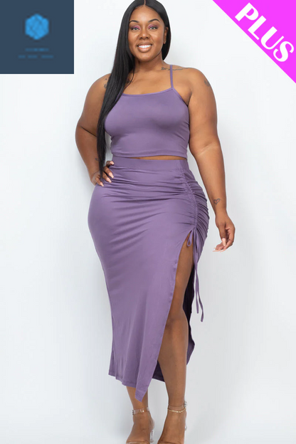 Plus Size Cami Crop Top & Ruched Midi Skirt Set 