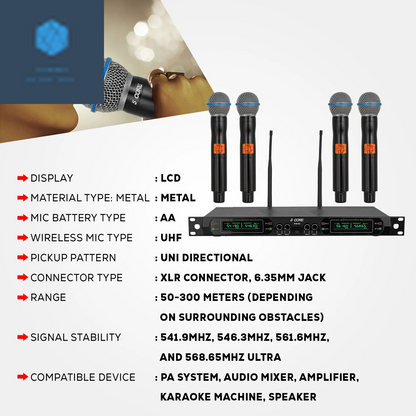 5 Core Wireless Microphone System 4 Channel UHF 492F Range Portable Receiver W Cordless Mic