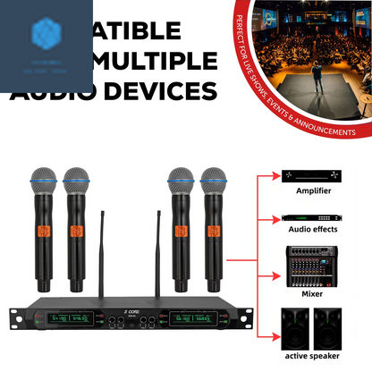 5 Core Wireless Microphone System 4 Channel UHF 492F Range Portable Receiver W Cordless Mic