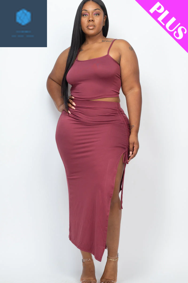 Plus Size Cami Crop Top & Ruched Midi Skirt Set 