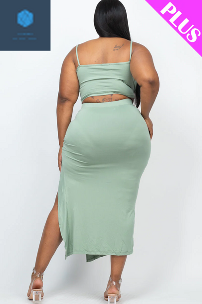 Plus Size Cami Crop Top & Ruched Midi Skirt Set 