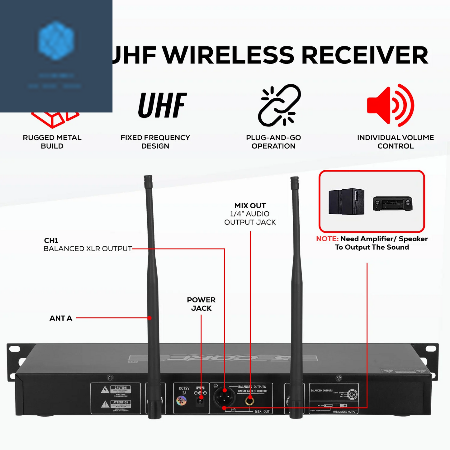 5 Core Wireless Microphone System 4 Channel UHF 492F Range Portable Receiver W Cordless Mic