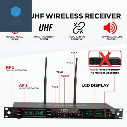 5 Core Wireless Microphone System 4 Channel UHF 492F Range Portable Receiver W Cordless Mic