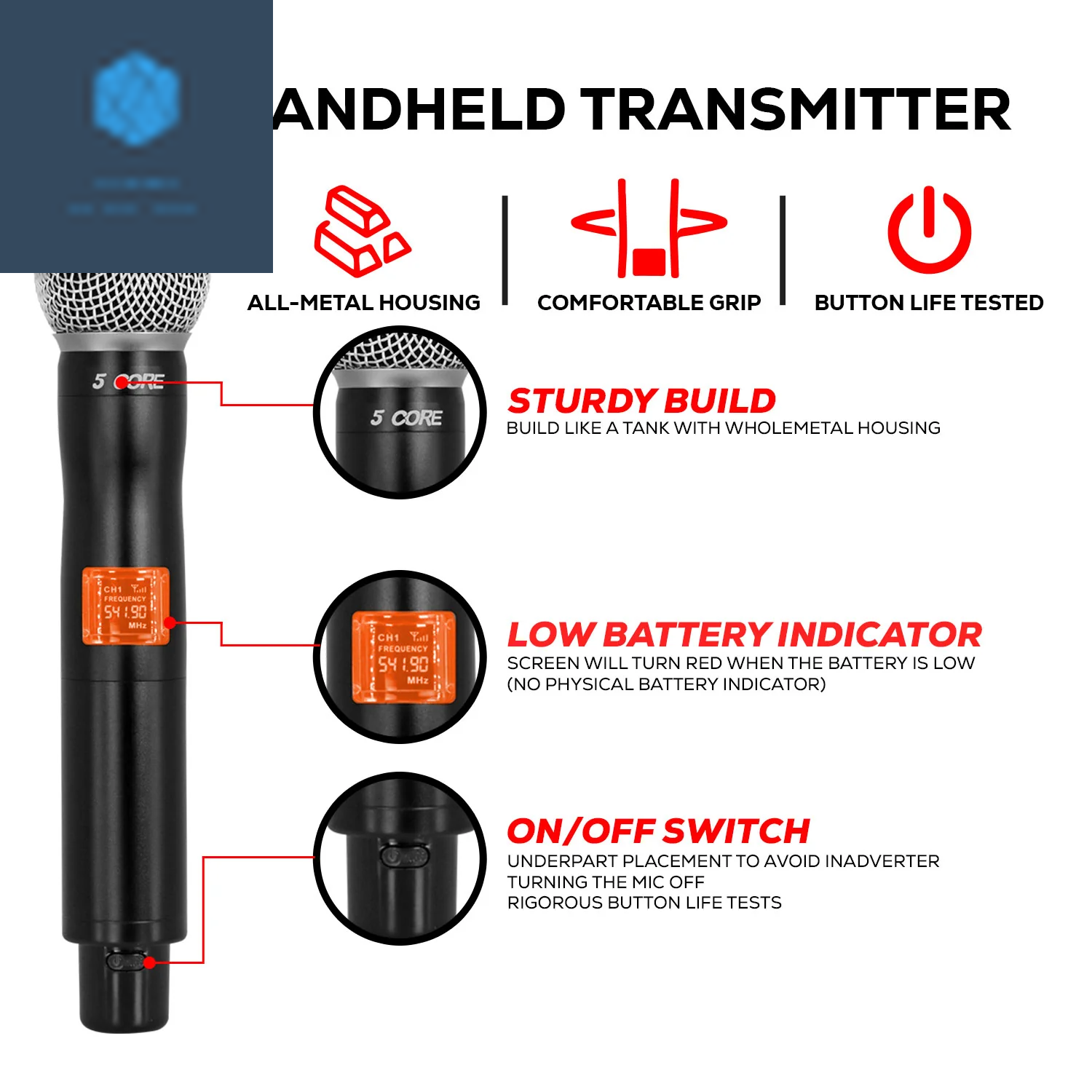 5 Core Wireless Microphone System 4 Channel UHF 492F Range Portable Receiver W Cordless Mic