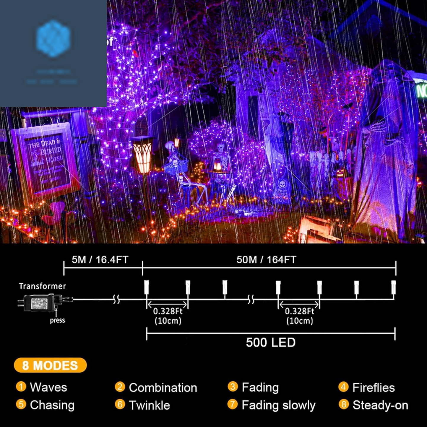 500 LED Purple Halloween Lights - 164FT Waterproof Twinkle String Lights